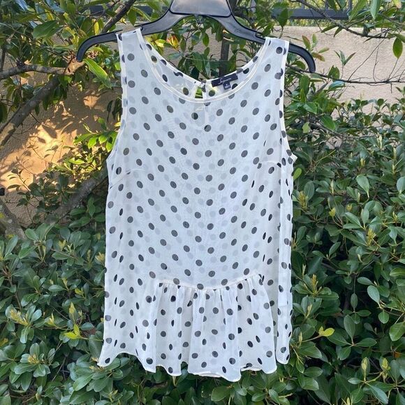 Soprano Women's Black White Sheer Sleeveless Polka Dot Peplum Tank Top Small - Picture 1 of 4